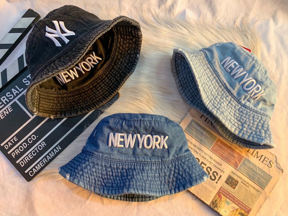 Mũ bucket jean 2 mặt thêu logo ny - mũ jean cao cấp mềm