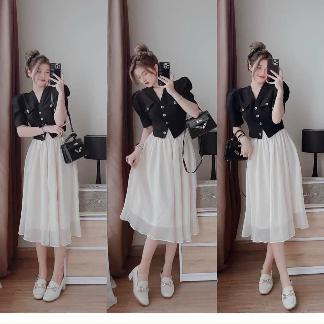 Sét áo tay phồng cổ V đính nút sang chảnh mix chân váy dài 2 lớp xinh xắn
