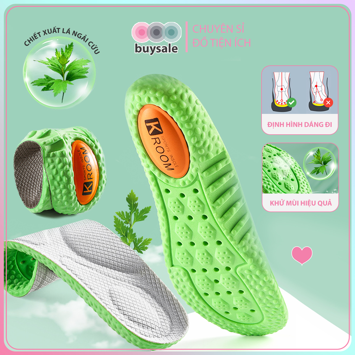 Lót giày thể thao bổ sung ốp đệm khí trợ lực cho gót chân, mặt dưới tổ ong hương ngải cứu thoáng khí - buysale - BSPK360