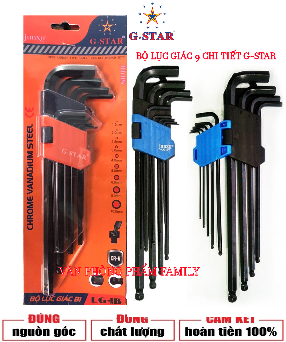 Bộ lục giác bi G-STAR gồm 9 cây lục giác từ 1.5mm đến 10mm Chất liệu: Thép cao cấp chống gỉ