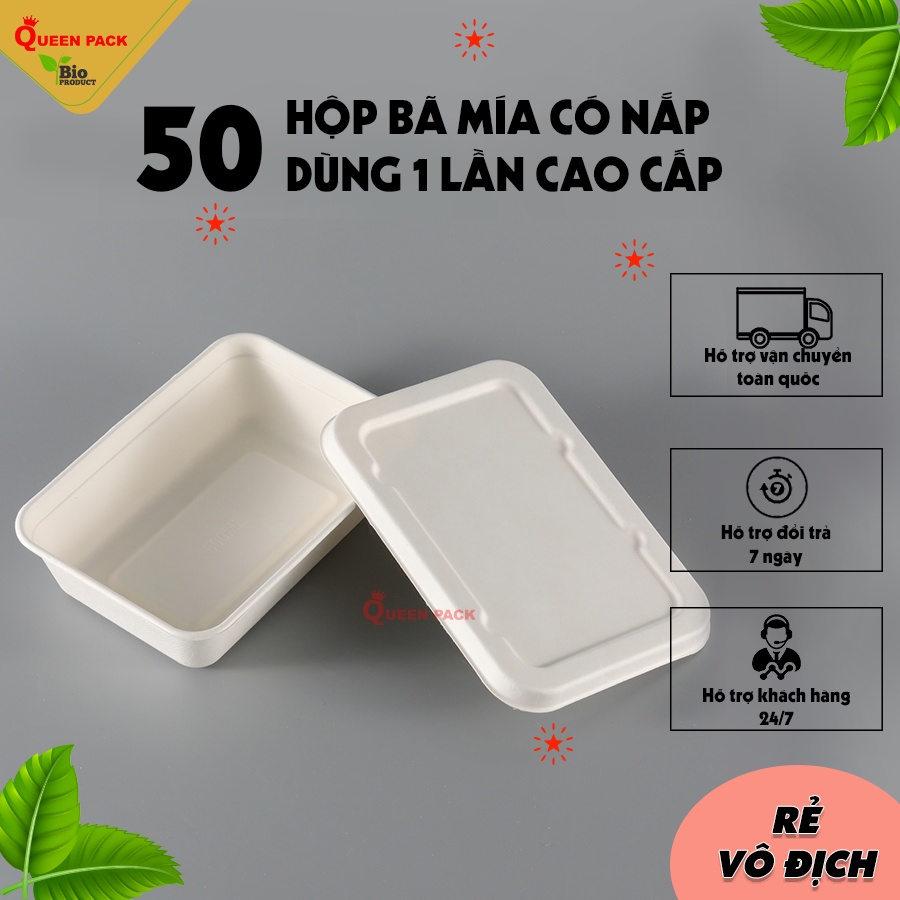 Set 50 hộp bã mía 1 ngăn kèm nắp bã mía cao cấp