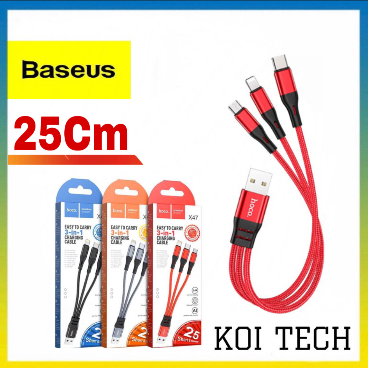 Cáp sạc 3 đầu dây ngắn 25cm hoco x48 - Dây sạc bọc dù 3 in 1 micro usb lightning type c cho ip samsung ..vv - KOI TECH