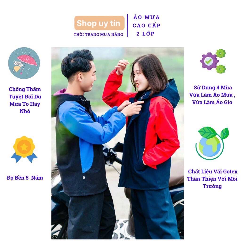 Áo mưa bộ 2 lớp dày dặn siêu chống thấm phối màu thời trang mặc thay áo gió. Áo Mưa 1,2 Người Có Kính Chắn Nước Che Mặt Cánh Dơi Chống Thấm Cao Cấp 2 Đầu PHẢN QUANG Có Túi Che Trùm Gương