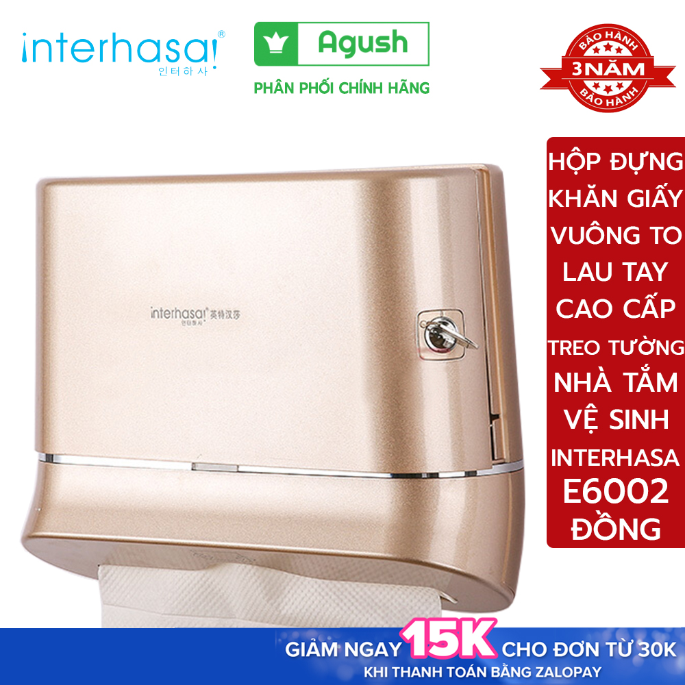 Hộp đựng khăn giấy khô rút lau tay INTERHASA E6002 đồng treo dán tường vuông to đẹp cao cấp chính hãng đa năng trong nhà tắm vệ sinh toilet sang trọng hình chữ nhật bằng nhựa ABS chống nước gắn tường không khoan
