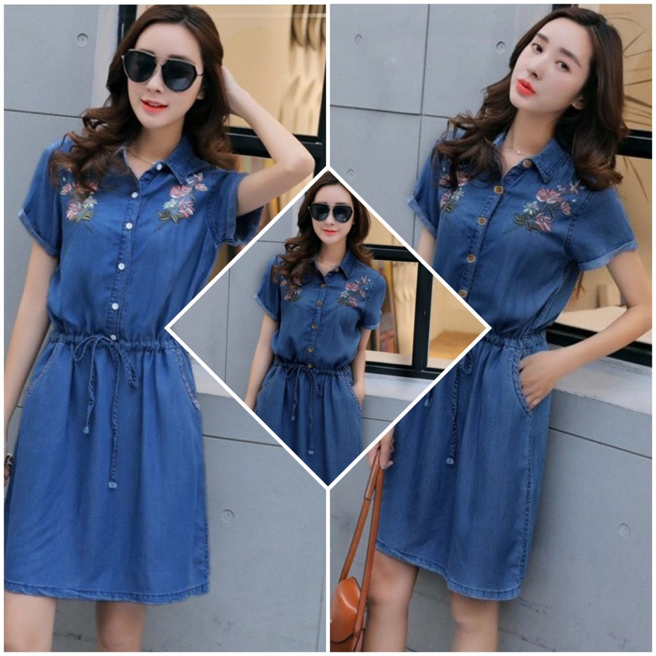 Đầm jean thêu hoa eo thắt nơ ngoctranshop - nt1048