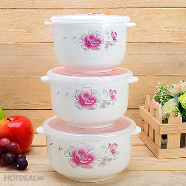 Bộ 3 Bát Sứ Có Nắp Hút Chân Không Hàng Xuất Nhật Cao Cấp 4G79