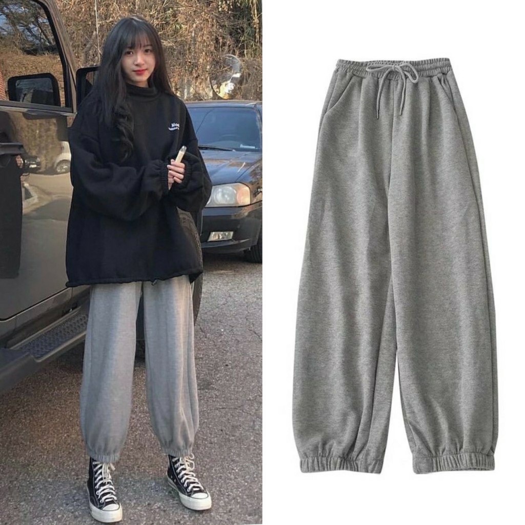 Quần Jogger trơn ống rộng vải thun da cá bo gấu mặc mùa thu