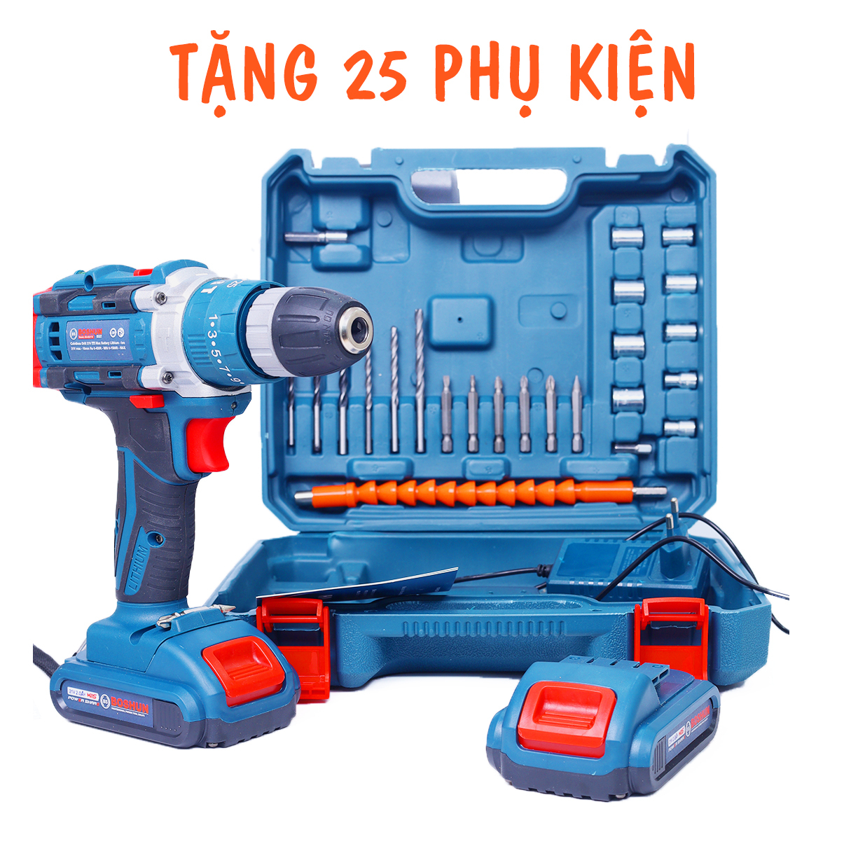 Máy khoan pin boshun 2110 10mm động cơ có chổi than - khoan pin boshun tặng kèm bộ phụ kiện 24 chi tiết bs-id2110