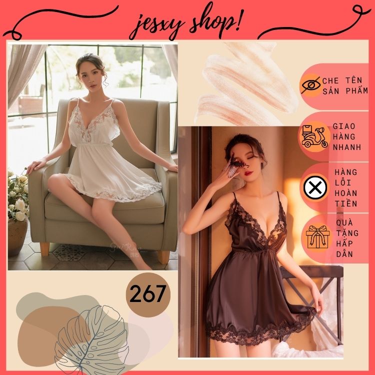 Váy ngủ lụa cao cấp sexy, đầm ngủ hai dây hàng Quảng Châu chất lụa satin mềm mịn viền ren Freesize Jesxy shop D267