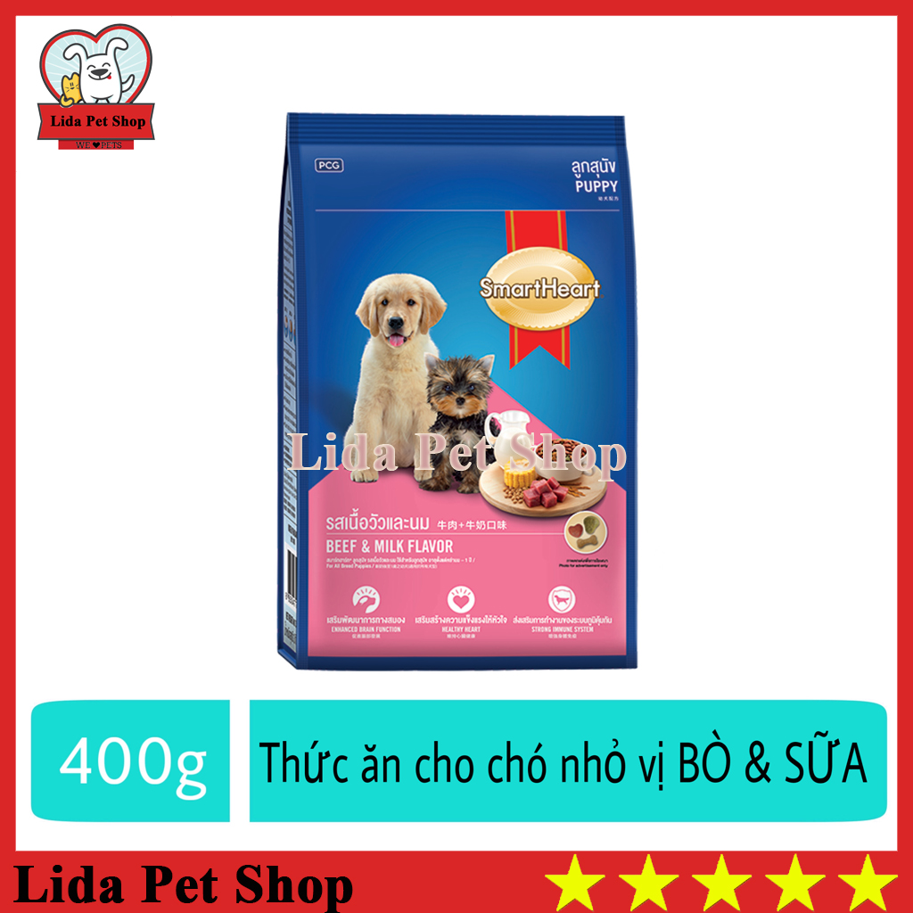 HN- Thức ăn dành cho chó nhỏ vị bò nướng và sữa - Smartheart Puppy gói 400g Cung cấp dinh dưỡng tăng cường hệ miễn dịch - Lida Pet Shop