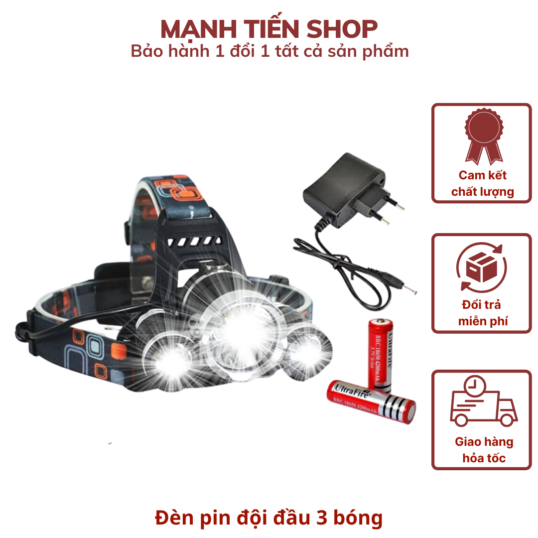 Đèn pin đội đầu siêu sáng - đèn pin led siêu sáng đội đầu 3 bóng tặng kèm 2 pin và sạc dtm store