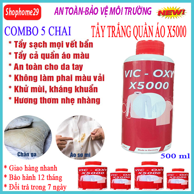 COMBO 2 Nước tẩy trắng sạch không mục vải - Chai 500ml - Tẩy sạch hơn nước tẩy trắng quần áo - Tẩy trắng quần áo, tẩy nấm mốc áo quần Vic oxy X5000, nước tẩy trắng quần áo, vết ố quần áo đa năng