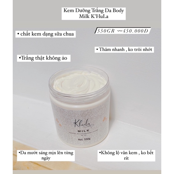 Kem dưỡng trắng da body K'HULA MILK, không bết rít, không lộ vân kem
