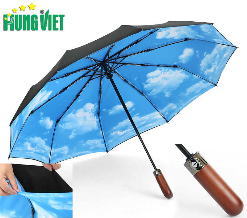 Ô dù 2 chiều 2 lớp tự động cán gỗ cao cấp Hưng Việt chống UV