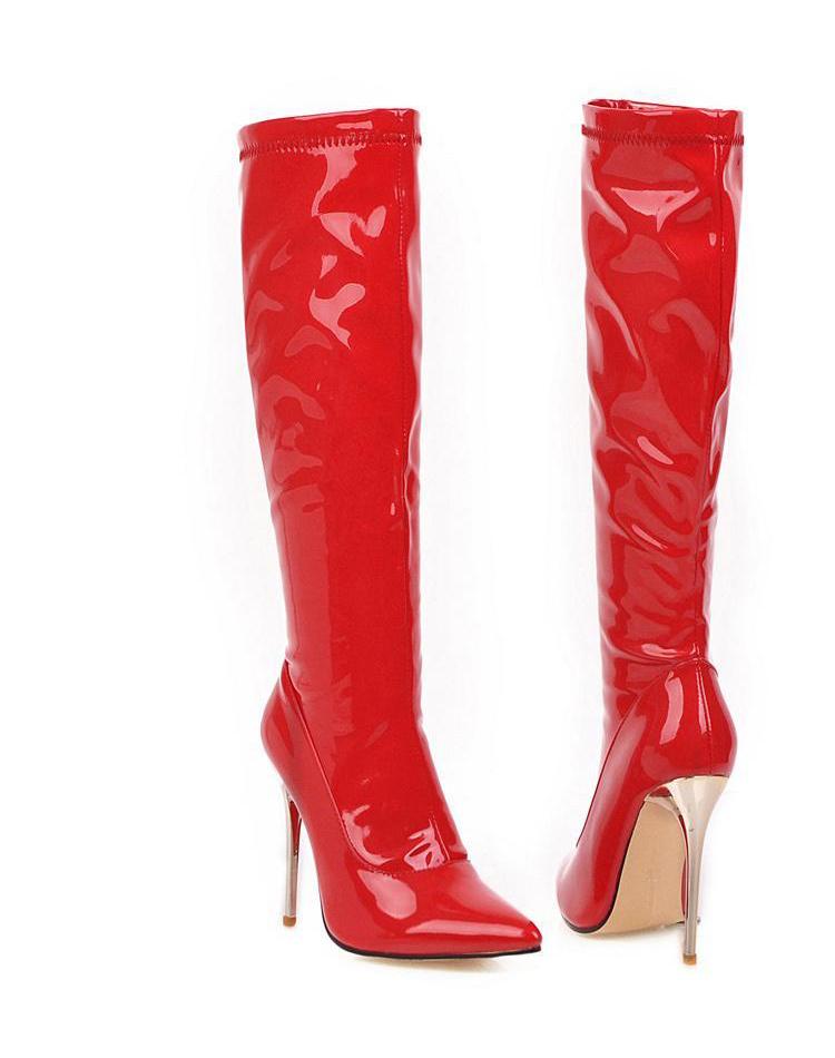 Boot ống cao dưới gối da bóng màu đỏ SANG CHẢNH GCC2703