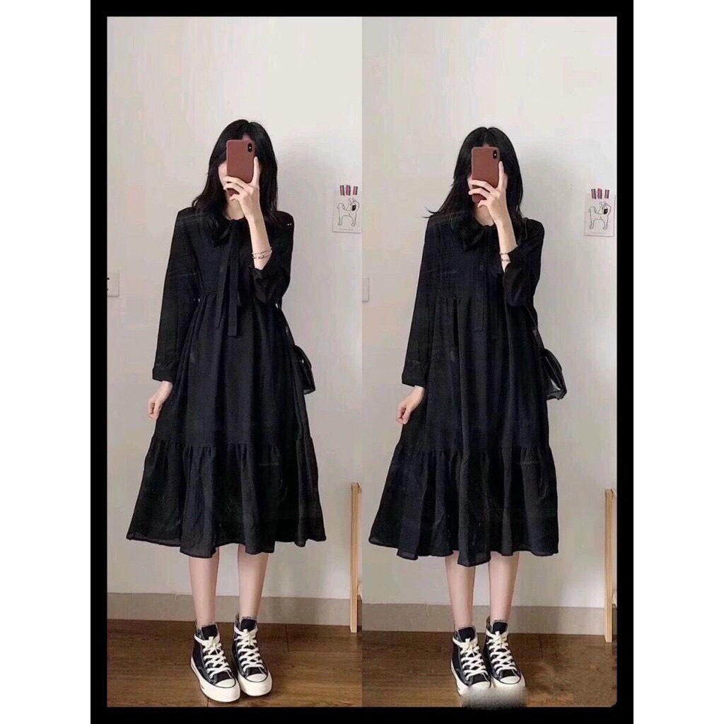 Đầm voan form babydoll tay dài cổ thắt nơ tinh khôi ttsa1311