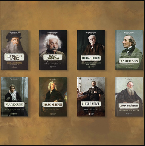 Combo 8 cuốn sách kể về cuộc đời của những thiên tài: elbert einstein + thomas edison + andersen + leonardo da vinci + marie curie + lev tolstoy + isaac newton + alfred nobe