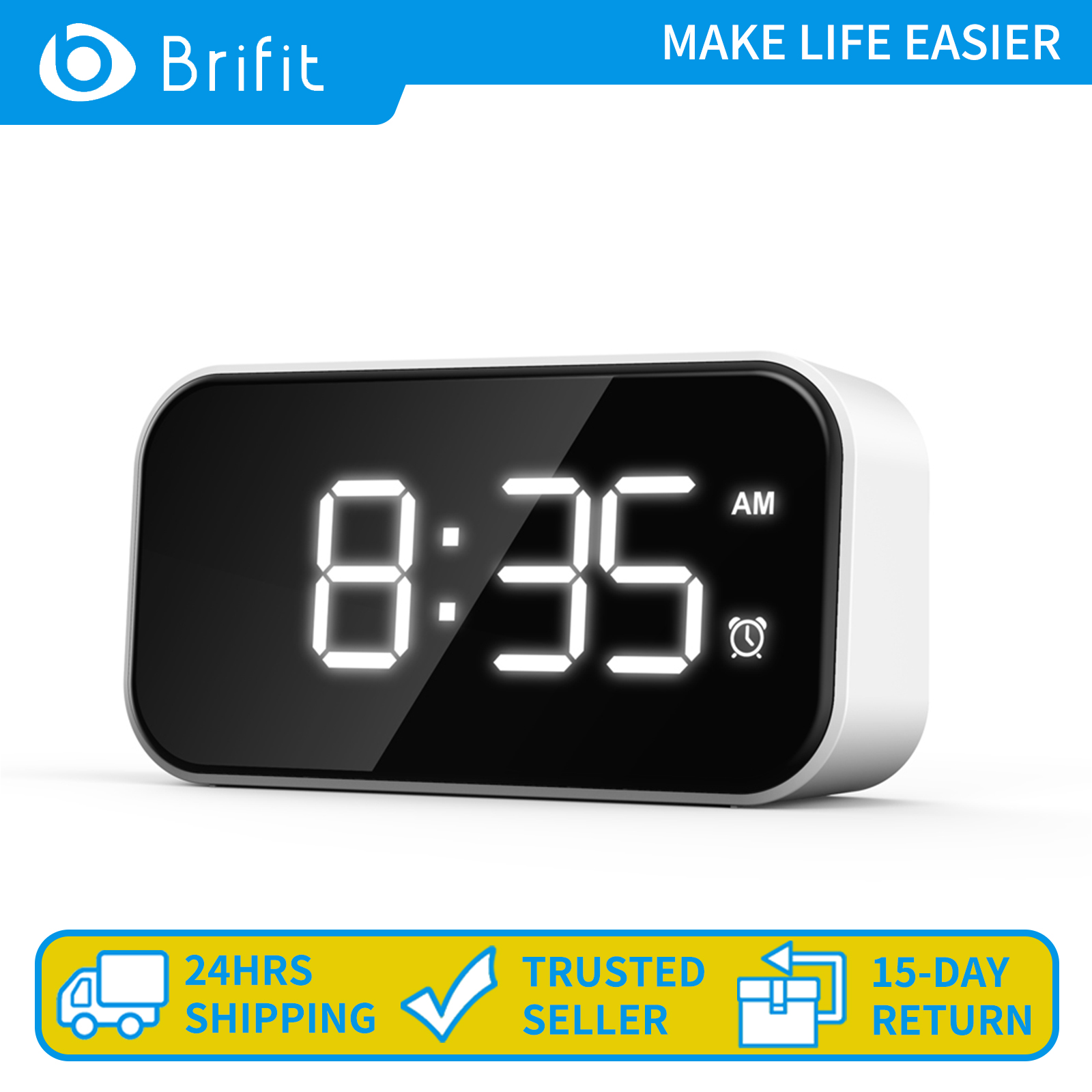 Brifit Đồng hồ báo thức kỹ thuật số Màn hình gương LED Đồng hồ điện tử 6 mức điều chỉnh độ sáng Công tắc 12/24 giờ Chức năng báo lại Có nguồn USB
