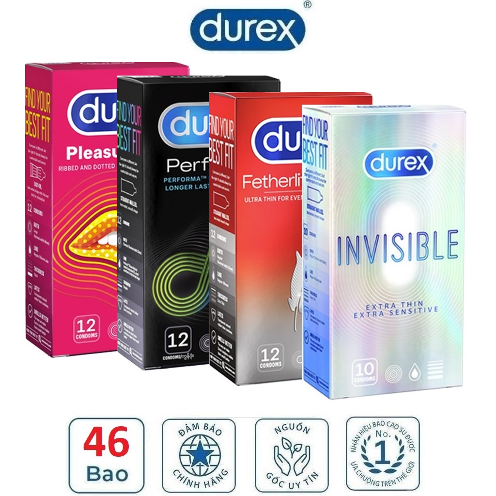 Combo 4 hộp Bao Cao Su Durex Pleasuremax 12s - Fetherlite Ultima 12s - Invisible Extra Lubricated 10s - Performa 12s - siêu mỏng gân gai kéo dài thời gian cực lâu