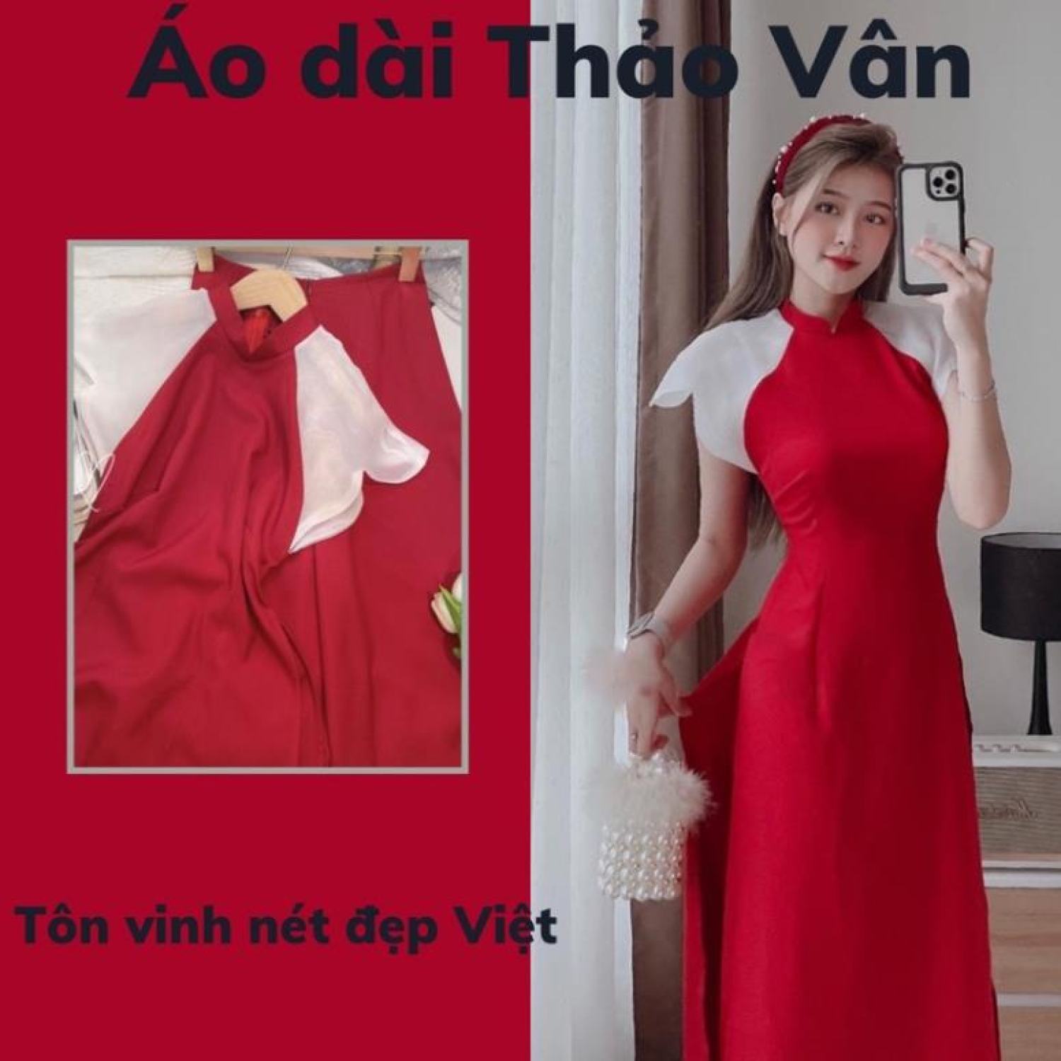 Áo dài cách tân thiết kế tay điệu màu đỏ chất lụa mềm mịn-AV201