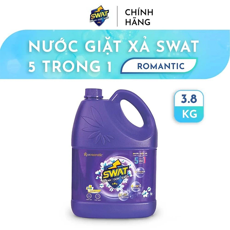 Nước Giặt Xả 5 In 1 SWAT Romantic Siêu Thơm Can 3.8Kg - Siêu Tiết Kiệm Giúp Diệt Khuẩn, Công Nghệ Lưu Hương kép