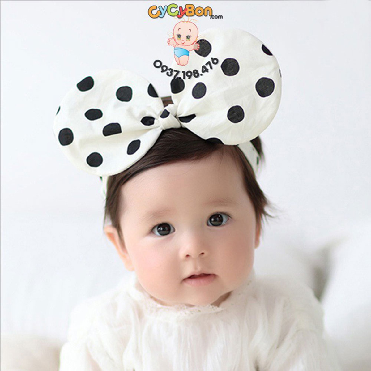 Băng đô thun cho bé tai chuột mickey chấm bi