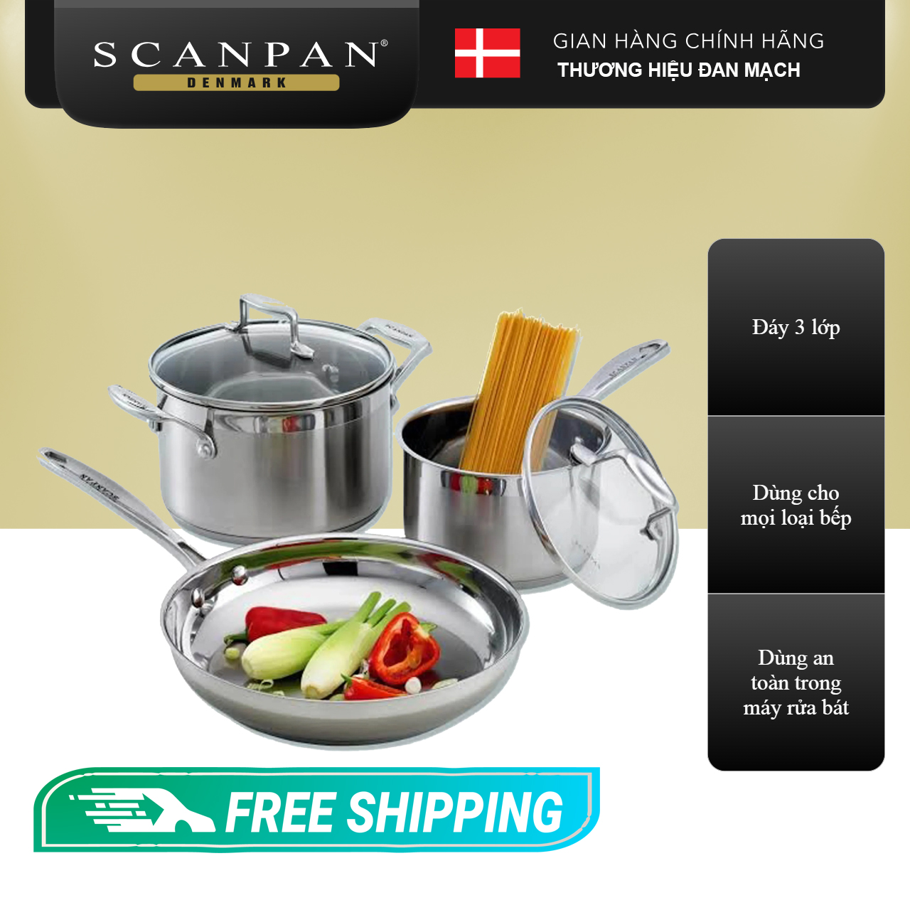 Bộ 3 nồi chảo inox đáy từ Scanpan Impact 71030000, thiết kế 3 lớp, dùng an toàn cho máy rửa bát, inox 18/10 siêu bền