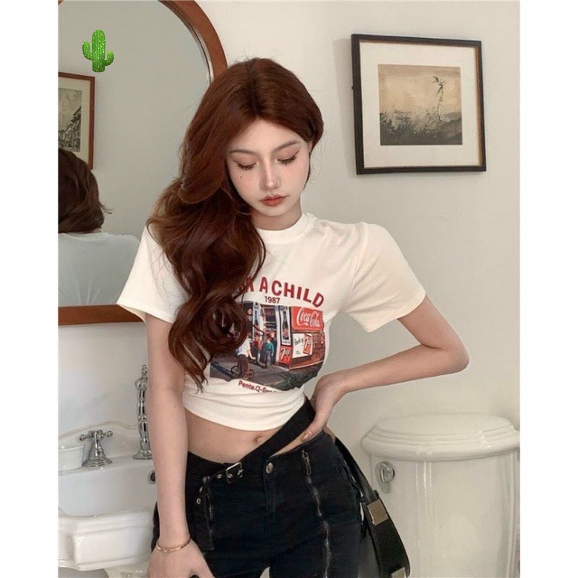 Áo thun croptop nữ in chữ I’m A Chile và logo nhỏ tay ngắn chạy sọc ôm body cá tính PC