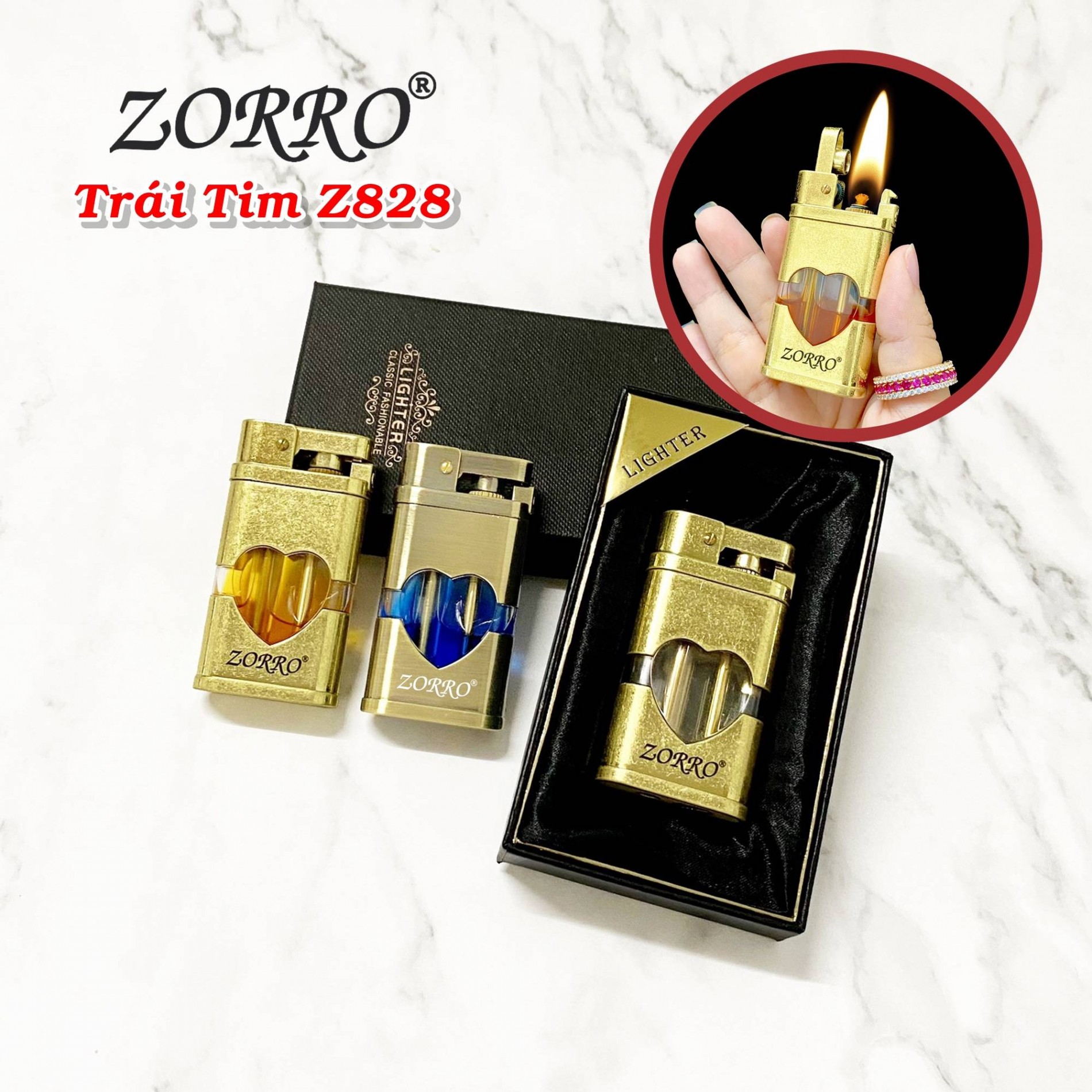 Bật lửa xăng lộ thiên hình trái tim zorro z828 - có hộp