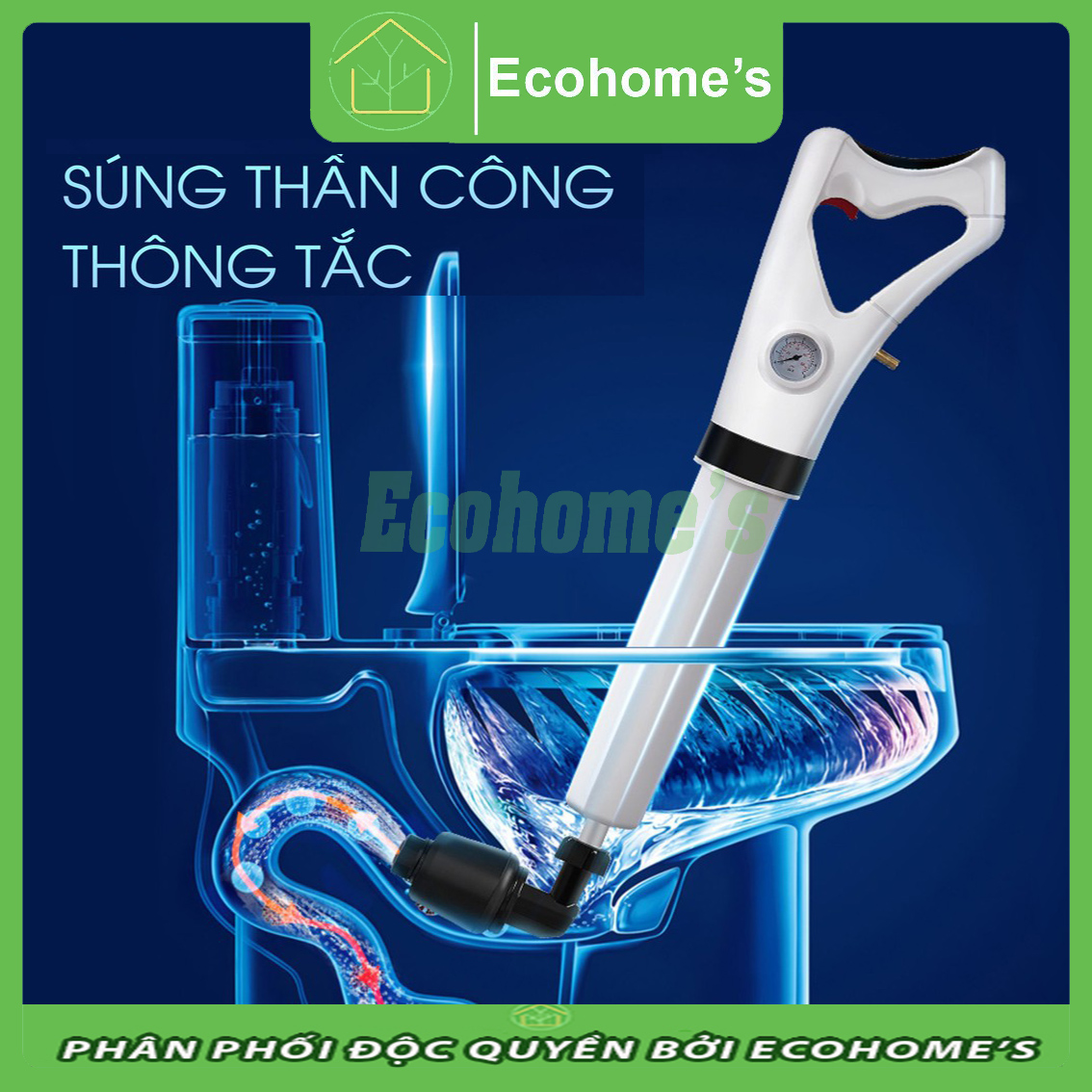 Dụng cụ thông tắc bồn cầu, súng thông cống Ecohome's đa chức năng với công suất lớn có thể thông tắc bồn cầu, bồn rửa bát hay những đường ống nước trong nhà áp suất nén lên tới 8kg