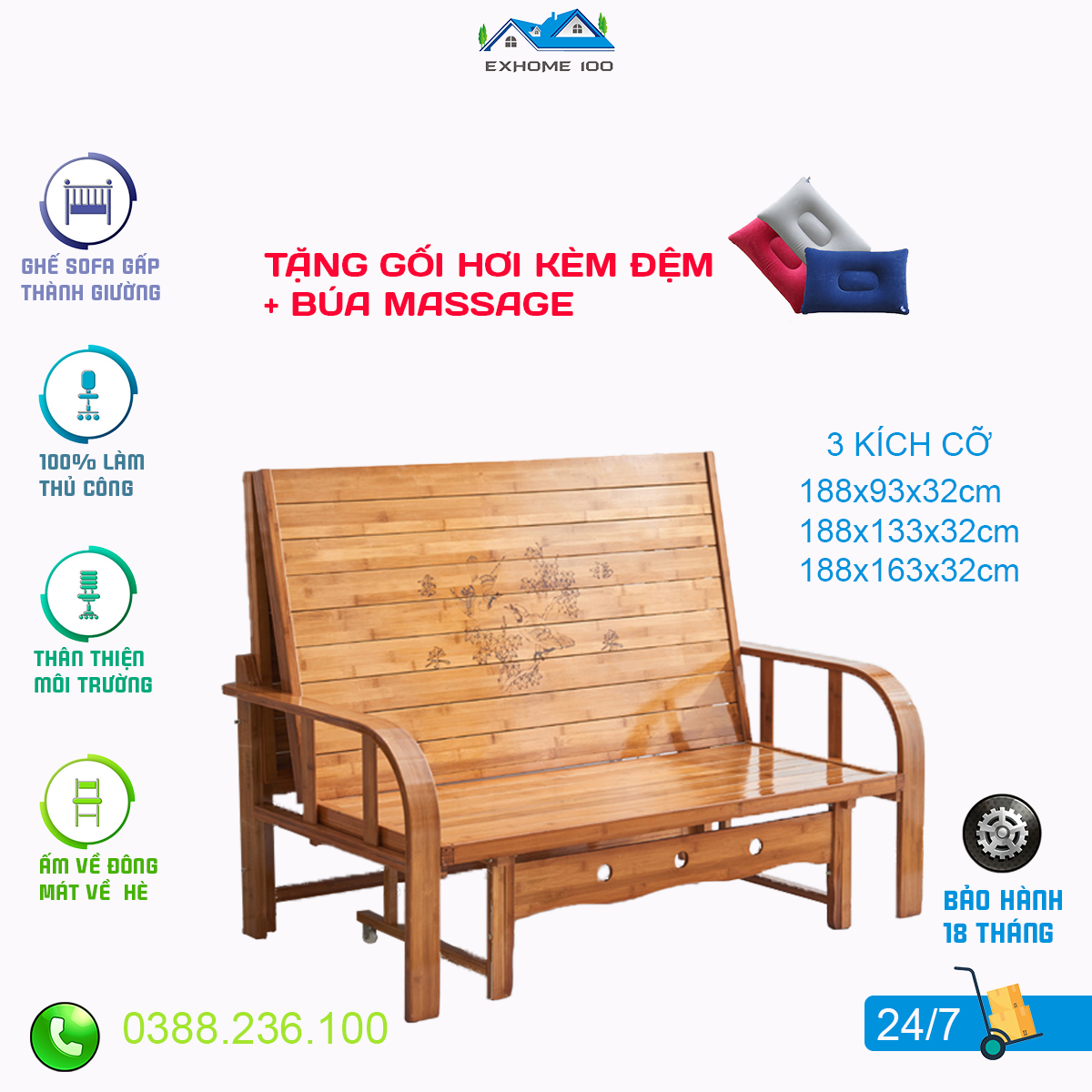 Giường Sofa Gấp Gọn chất liệu tre tự nhiên, giường gấp thông minh cao cấp có thể gấp gọn thành ghế, hàng Việt Nam Chất Lượng Cao