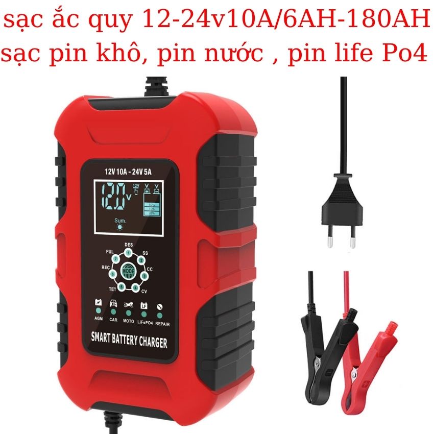 Sạc bình ắc quy 12V-24V Foxsuz 10A có khử sunfat phục hồi ắc quy, chống ngược cực tự ngắt khi đầy cảm biến vân tay sạc được cả bình khô , bình nước và sạc pin Life Po4 , sạc acquy 12v(6ah-180Ah. ĐIỆN HÀ NỘI)