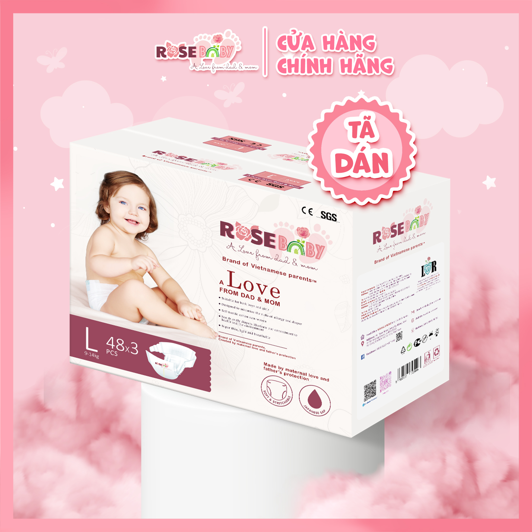 Thùng Tã Dán ROSE BABY Size L (144 miếng)