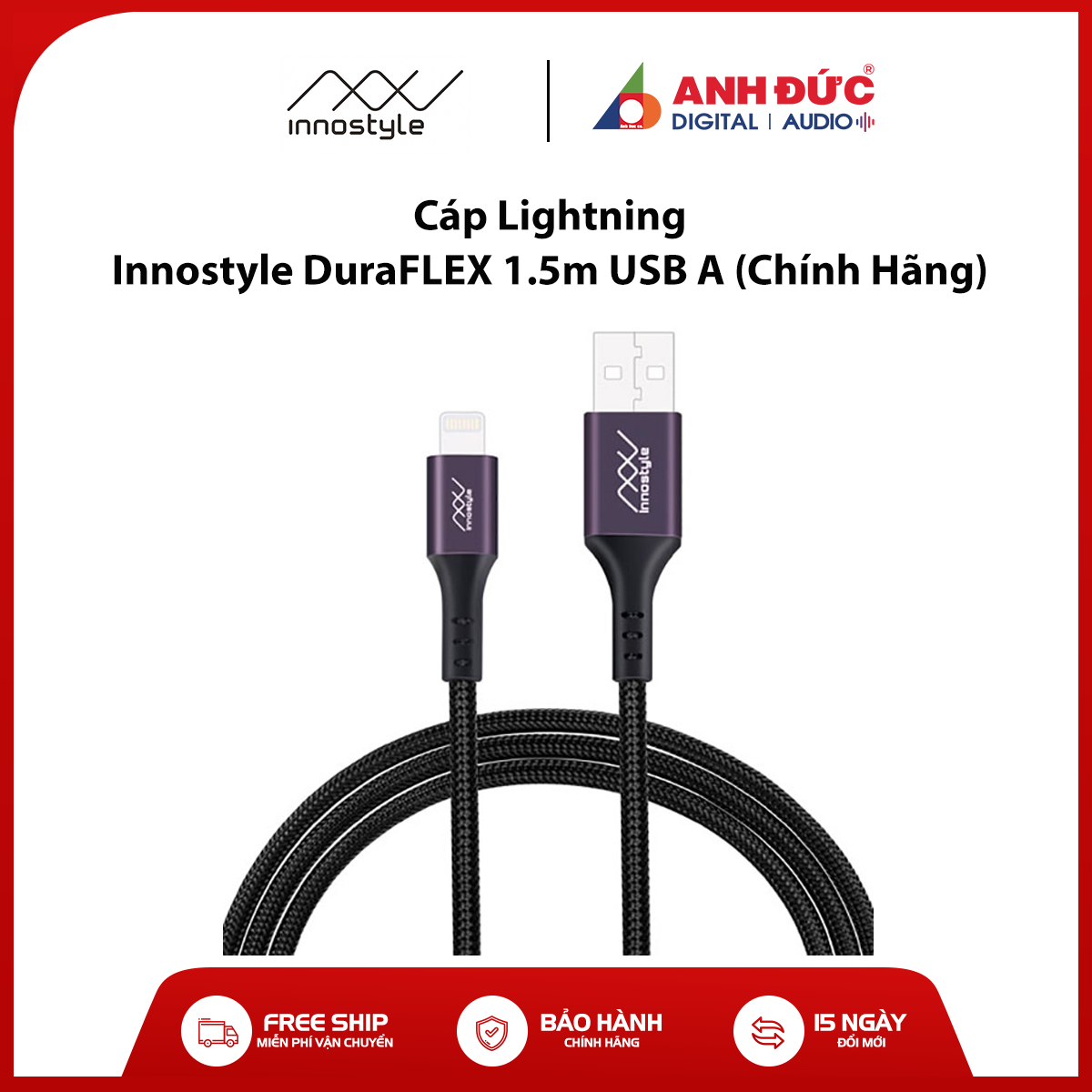 Cáp sạc lightning innostyle duraflex 1.5m usb-a to lightning chính hãng - độ dài dây 1.5m - chuẩn sạc nhanh 2.4a
