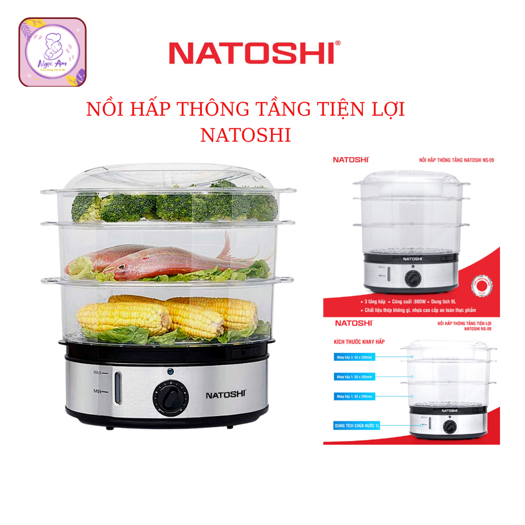Nồi hấp thông tầng natoshi ns-09 - nồi hấp đa năng 3 tầng với dung tích 9l, công suất 800w - bảo hành 12 tháng