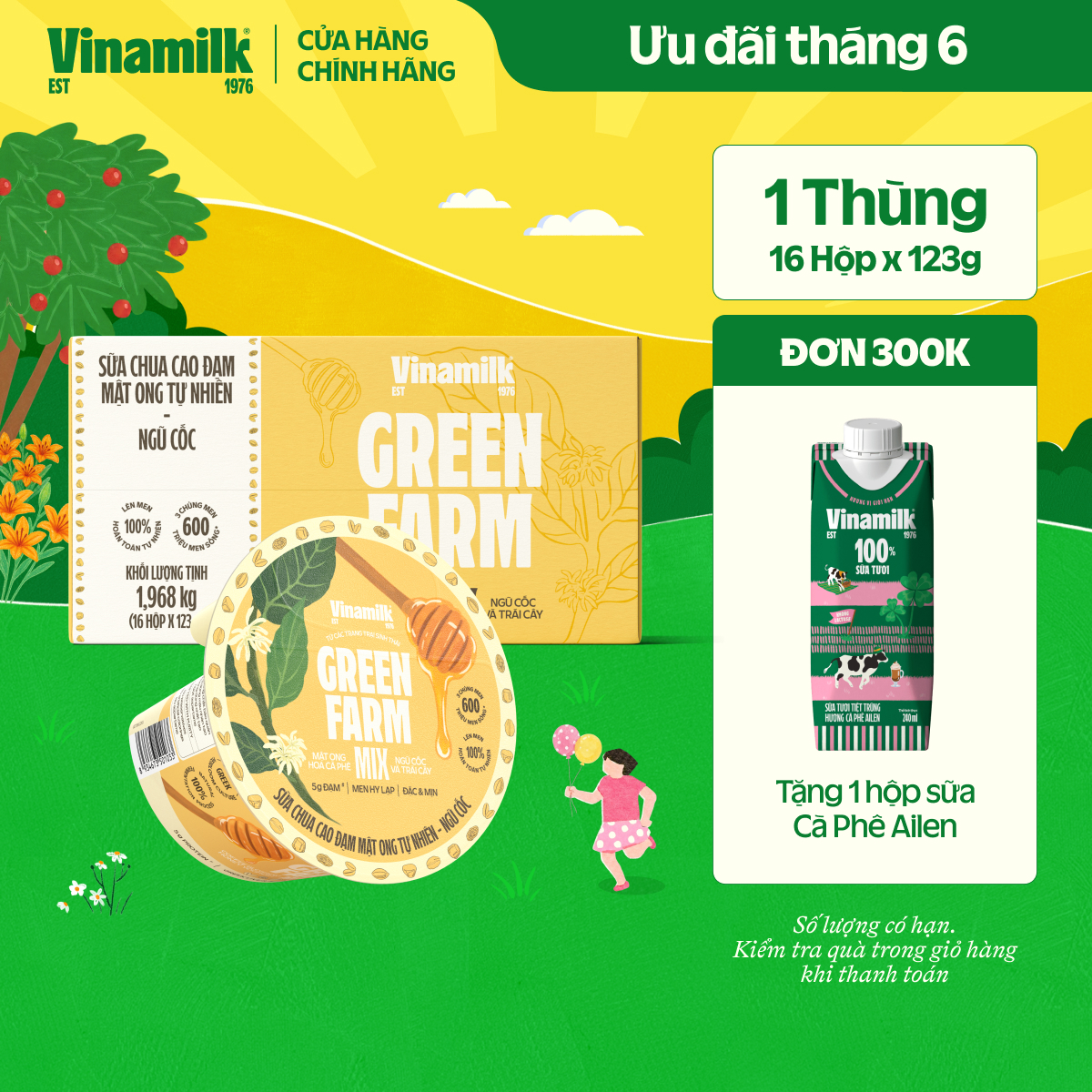 [CHỈ GIAO TRONG BÁN KÍNH 10KM] Thùng 16 Hộp Sữa Chua Ăn Cao Đạm Mật Ong Tự Nhiên Ngũ Cốc Vinamilk Greenfarm - Hộp Flip Cup 123g
