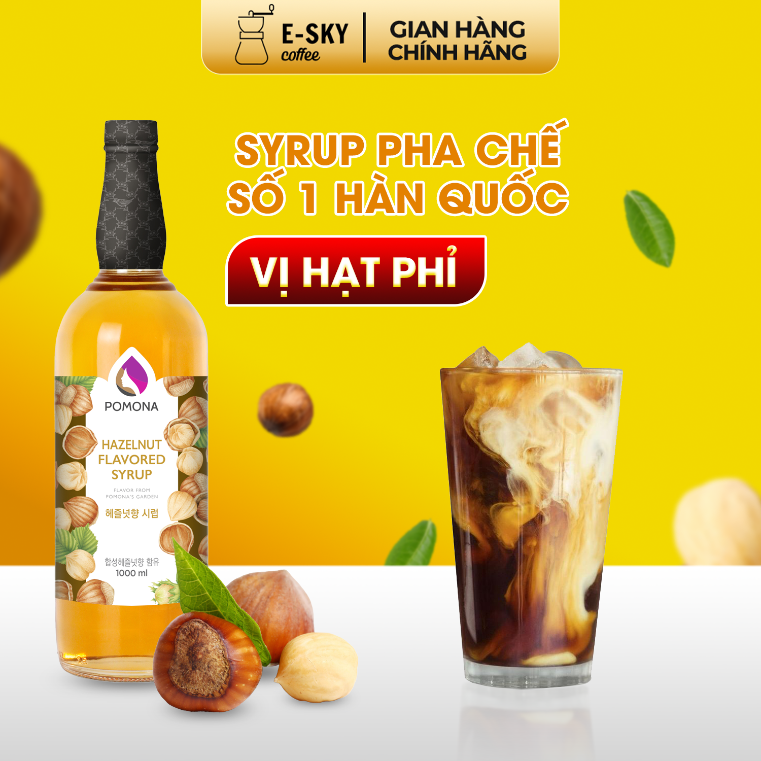 Siro hạt phỉ pomona hazelnut syrup nguyên liệu pha chế cà phê trà sữa hàn quốc chai thủy tinh 1 lít