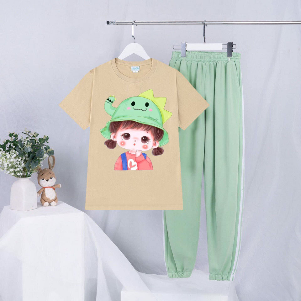 Sét Bộ Đồ Quần Áo Thời Trang Nữ Ngắn Tay Mùa Hè Siêu Xinh Cute Mặc Đi Chơi Dạo Phố, Áo Màu Da Cotton In 3D Bé Gái Mũ Khủng Long Kèm Quần Thun Sọc Bo Gấu Phong Cách