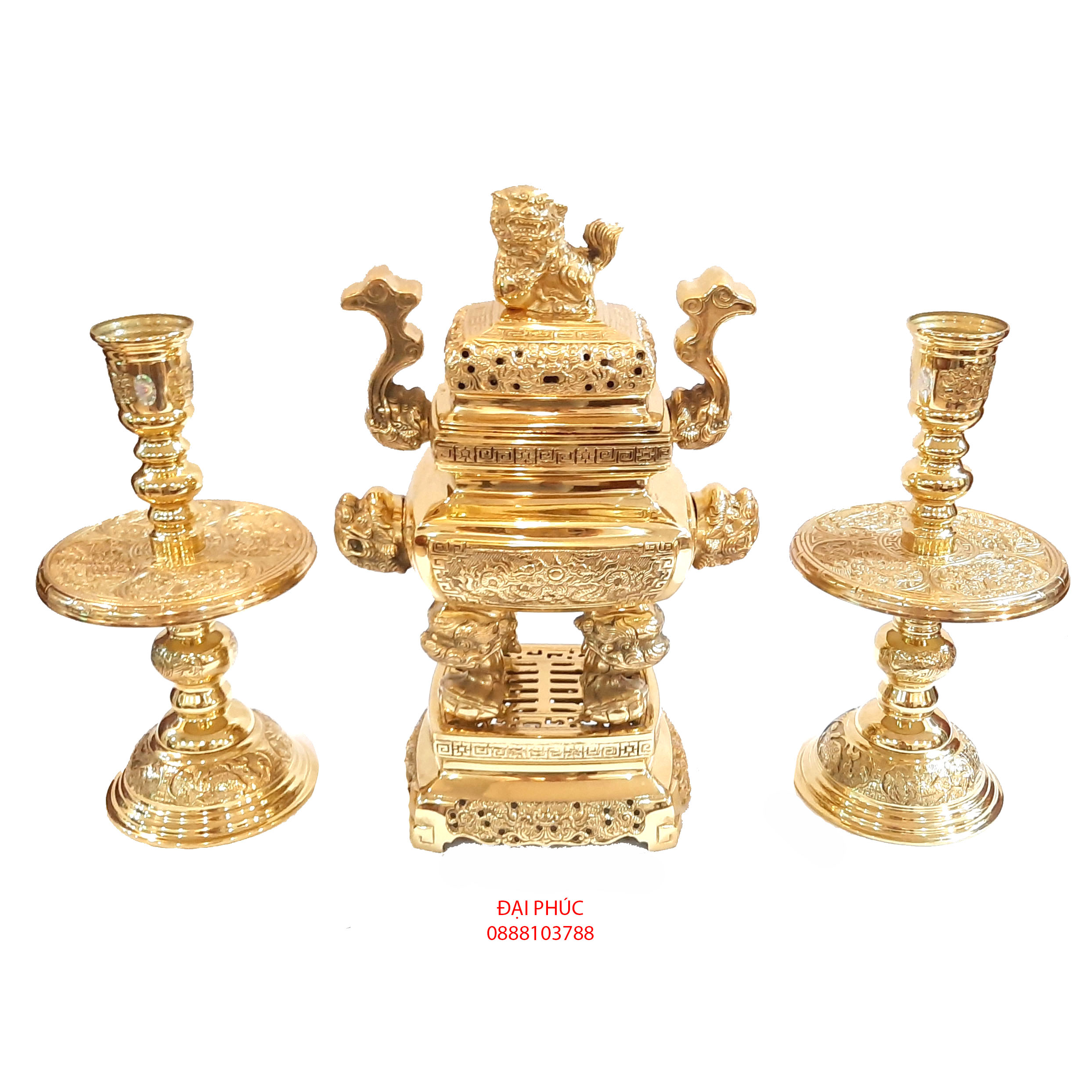 Đồ thờ Bộ Tam sự Đức Thúy Đỉnh Vuông số 2 bằng đồng cao 41 cm