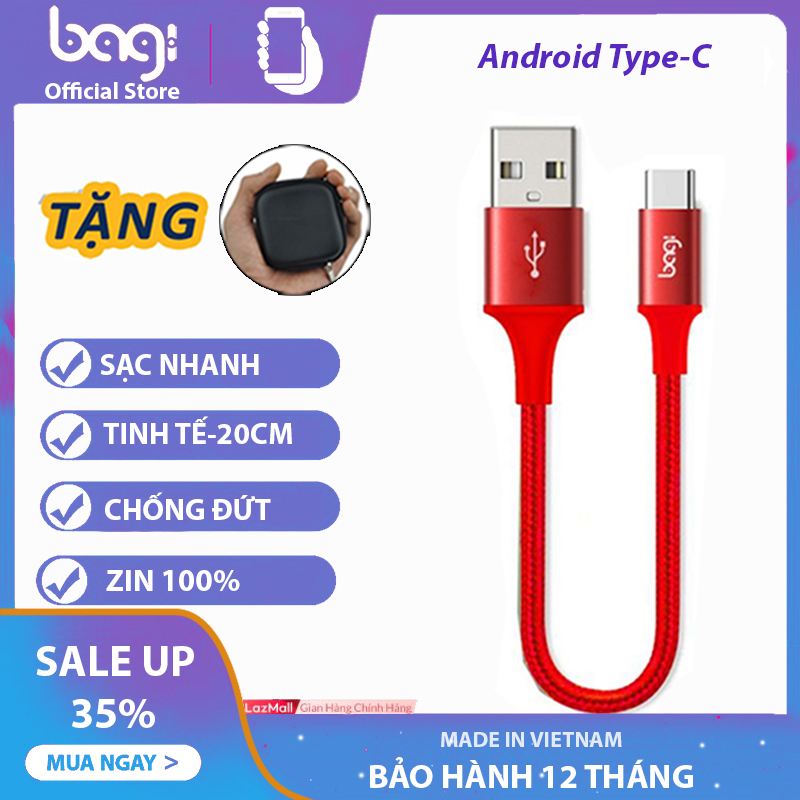 Cáp Bọc Dù Sạc Nhanh Cổng Type-C Dài 20cm Cao Cấp Bagi Thích Hợp Hợp Cho Sạc Dự Phòng Màu Đỏ,Đen Mã CS20-Bagi Boss Store