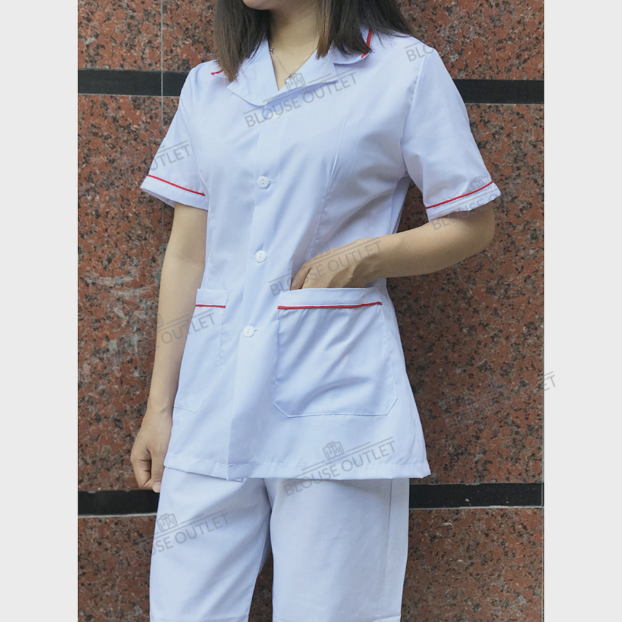 Áo blouse trắng dáng ngắn viền đỏ cho dược sĩ, điều dưỡng, y tá, thẩm mỹ viện, spa