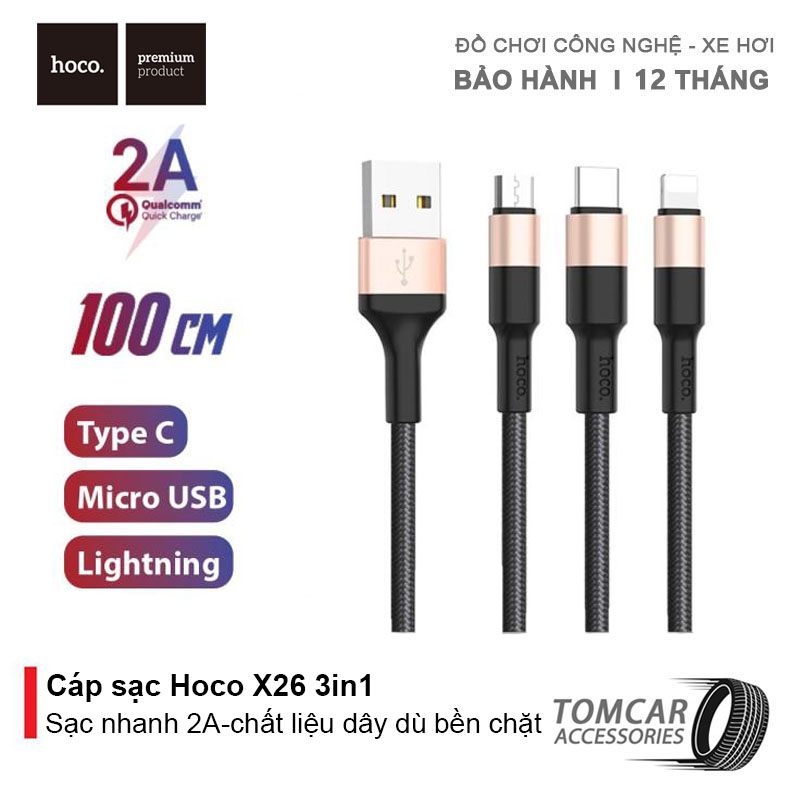 Cáp sạc dây dù 3 trong 1 hoco x26 3 đầu ra lightning-micro usb-type c- hỗ trợ sạc nhanh 2a