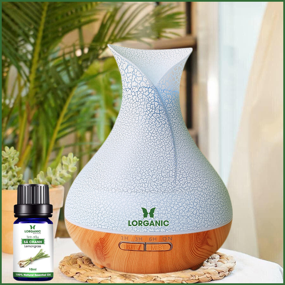 [HCM]Combo máy khuếch tán/ máy xông tinh dầu Lorganic Bình Hoa vân rạn FX2057 + tinh dầu sả chanh Lorganic (10ml)