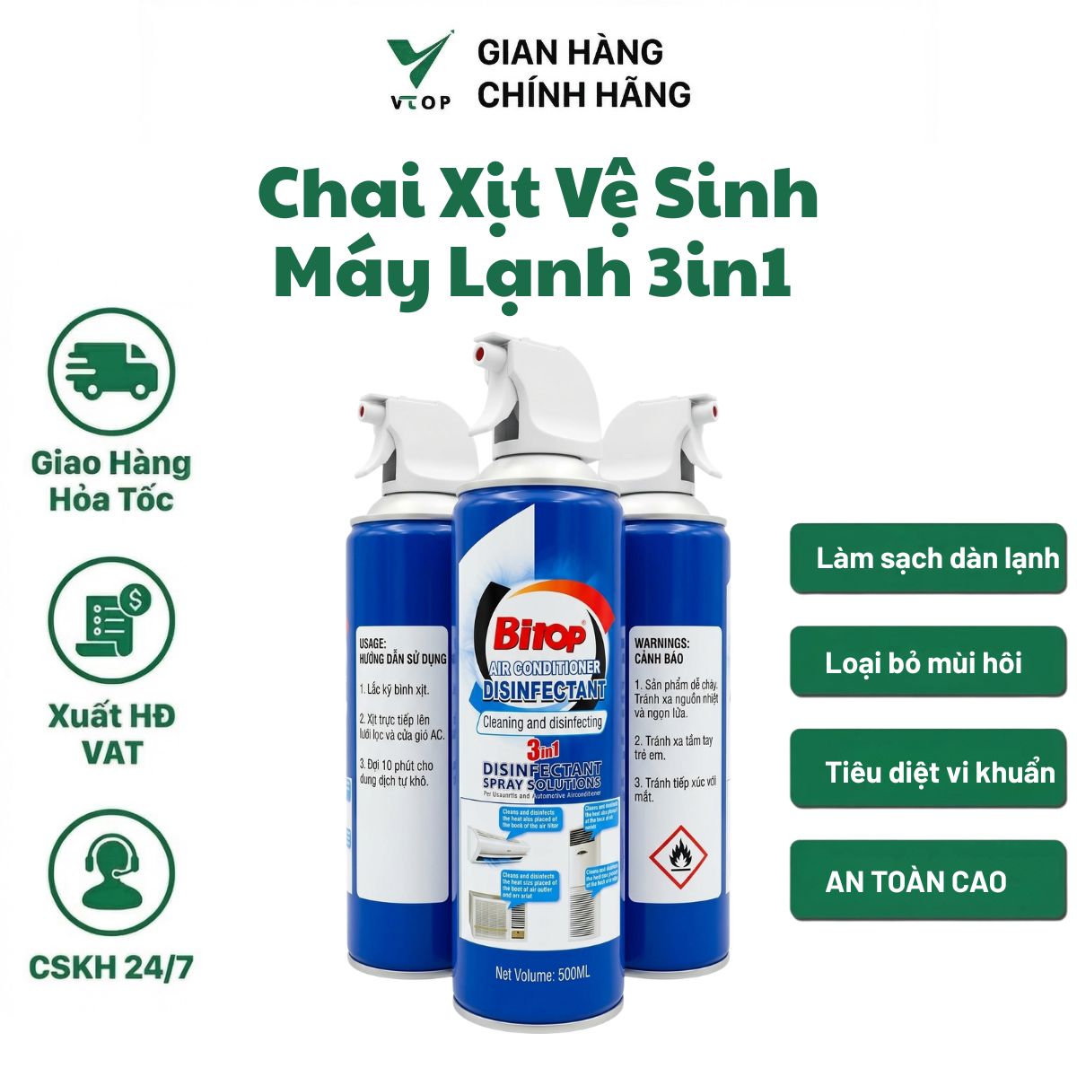 Chai Xịt Vệ Sinh Máy Lạnh BITOP 500ml - Công Nghệ 3IN1 Khử Mùi & Diệt Khuẩn Vượt Trội