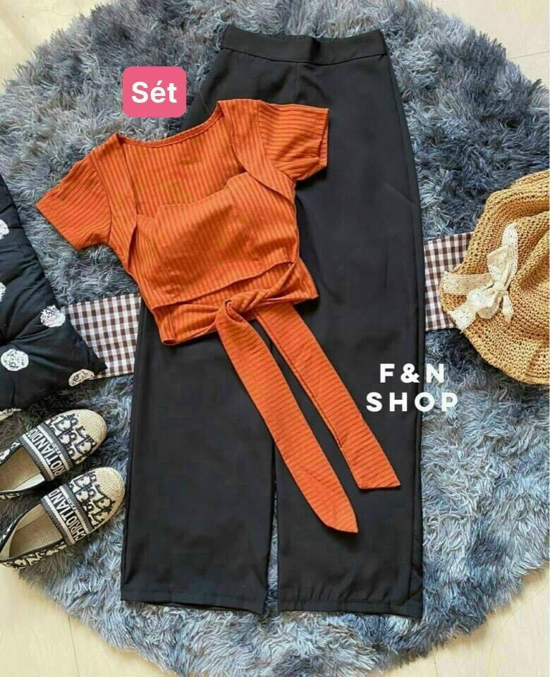 Sét bộ áo croptop có mút ngực cột nơ quần ống rộng cực hot