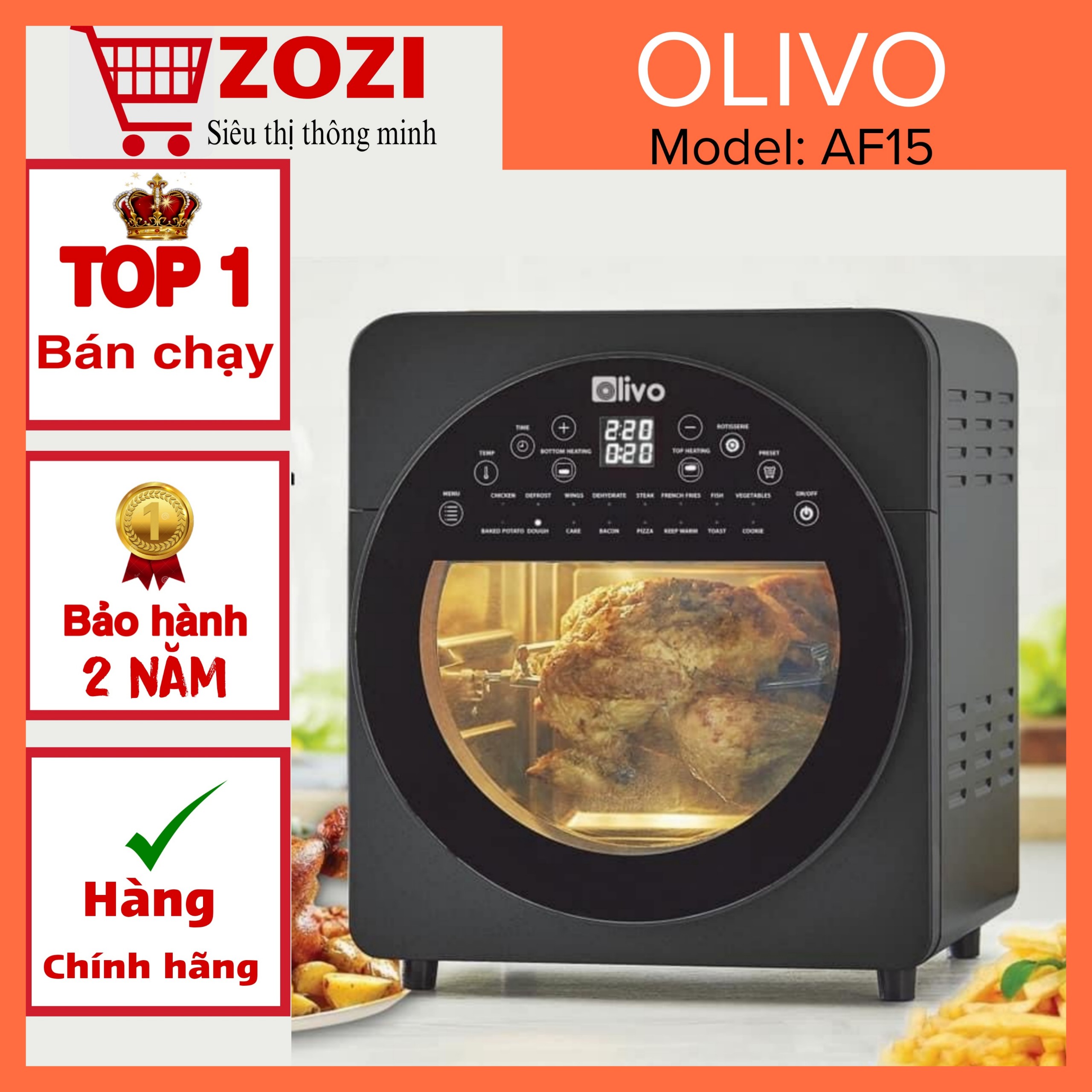 [Sẵn hàng] Nồi Chiên Không Dầu OLIVO AF15 - 16 Chức Năng - Dung Tích 15L - Công Suất 2000W - Thương Hiệu Mỹ
