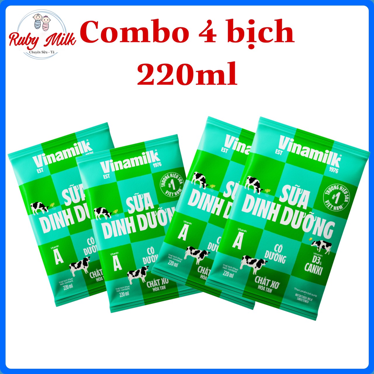 [Date 6.2025] Combo 4 bịch sữa tươi Vinamilk 220ml Có đường, Ít đường, Không đường