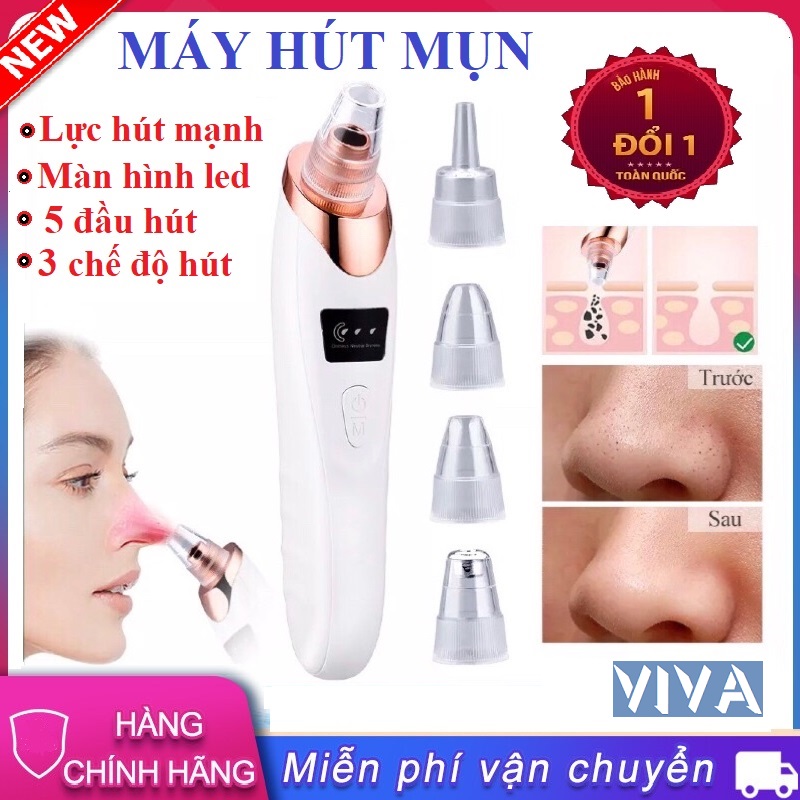 Máy hút mụn mini cầm tay cao cấp màn hình led, máy hút mụn đầu đen, mụn cám, mụn trứng cá, mụn ẩn với 3 chế độ lực hút, 5 đầu hút, dạng sạc pin - VIVA