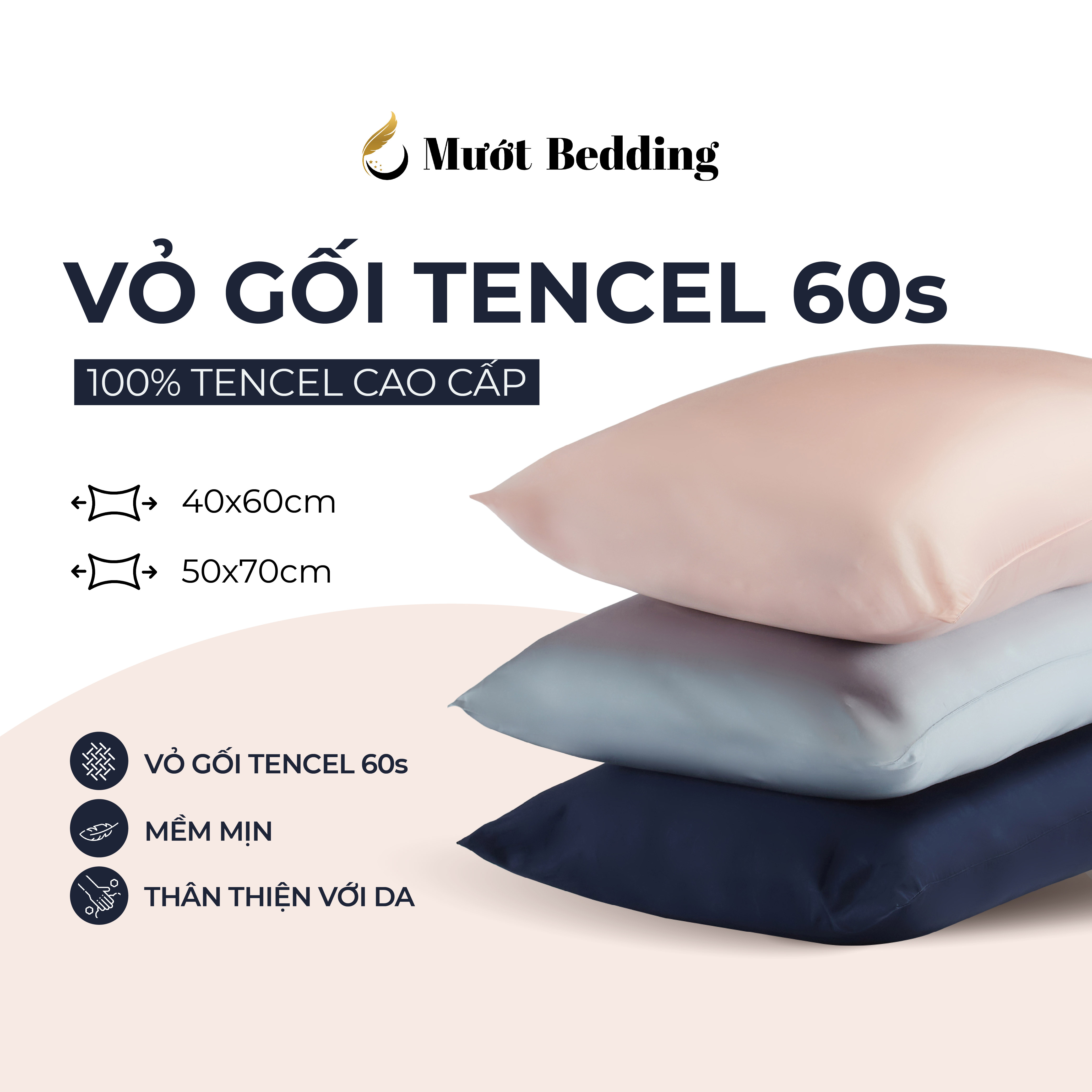 Vỏ gối lụa tencel 60s trơn màu 50x70 40x60cm mướt bedding, áo gối 100% tencel 60s cao cấp đầy đủ size
