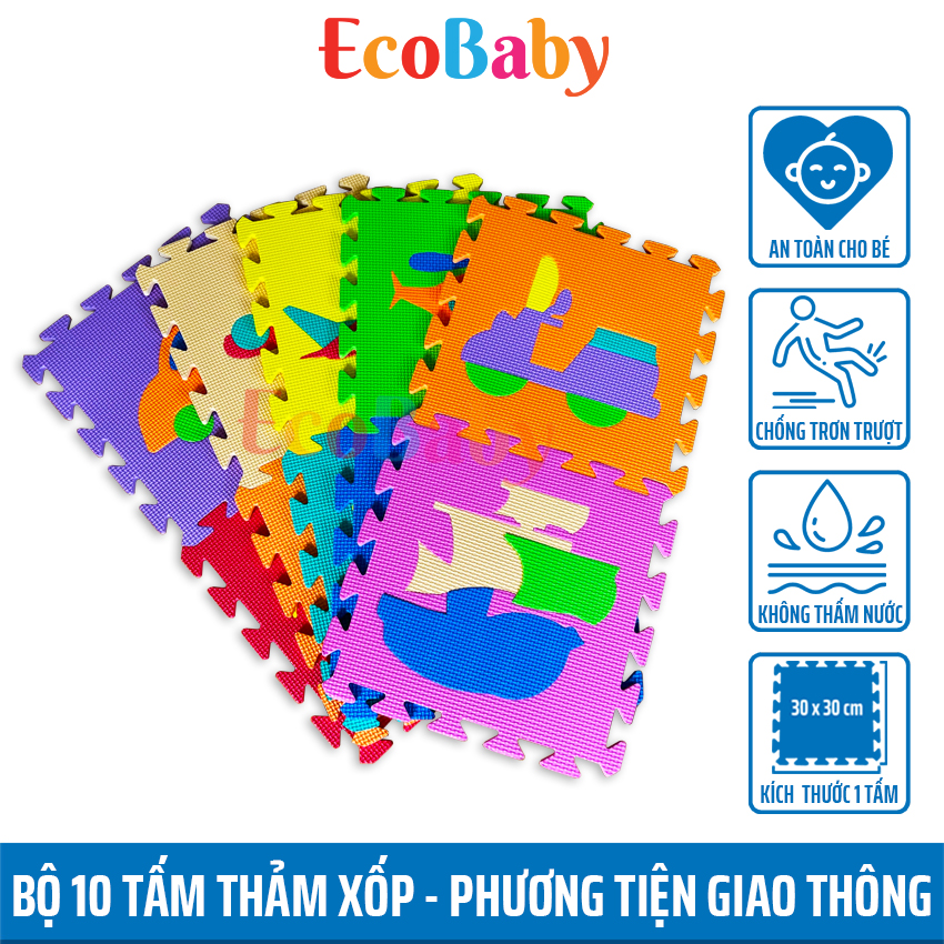 Bộ 10 tấm Thảm xốp ECOBABY cho bé, thảm chơi lót trải sàn, trò chơi lắp ghép xếp hình, đồ chơi cho bé kèm quà tặng – 30x30cm – hình phương tiện giao thông